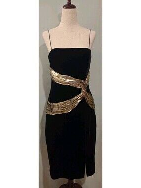 Bijou Rovelle Sz 8 Black Velvet Spaghetti Strap Cocktail Dress Gold Bow Vintage